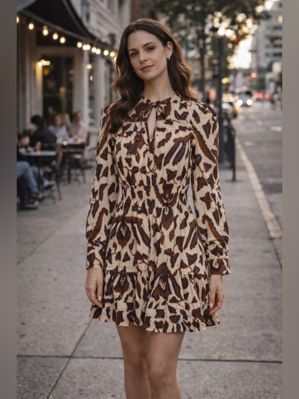 Ulla Johnson Brown Cream Print Mini Dress Sz 0 Boho Ruffle Cotton